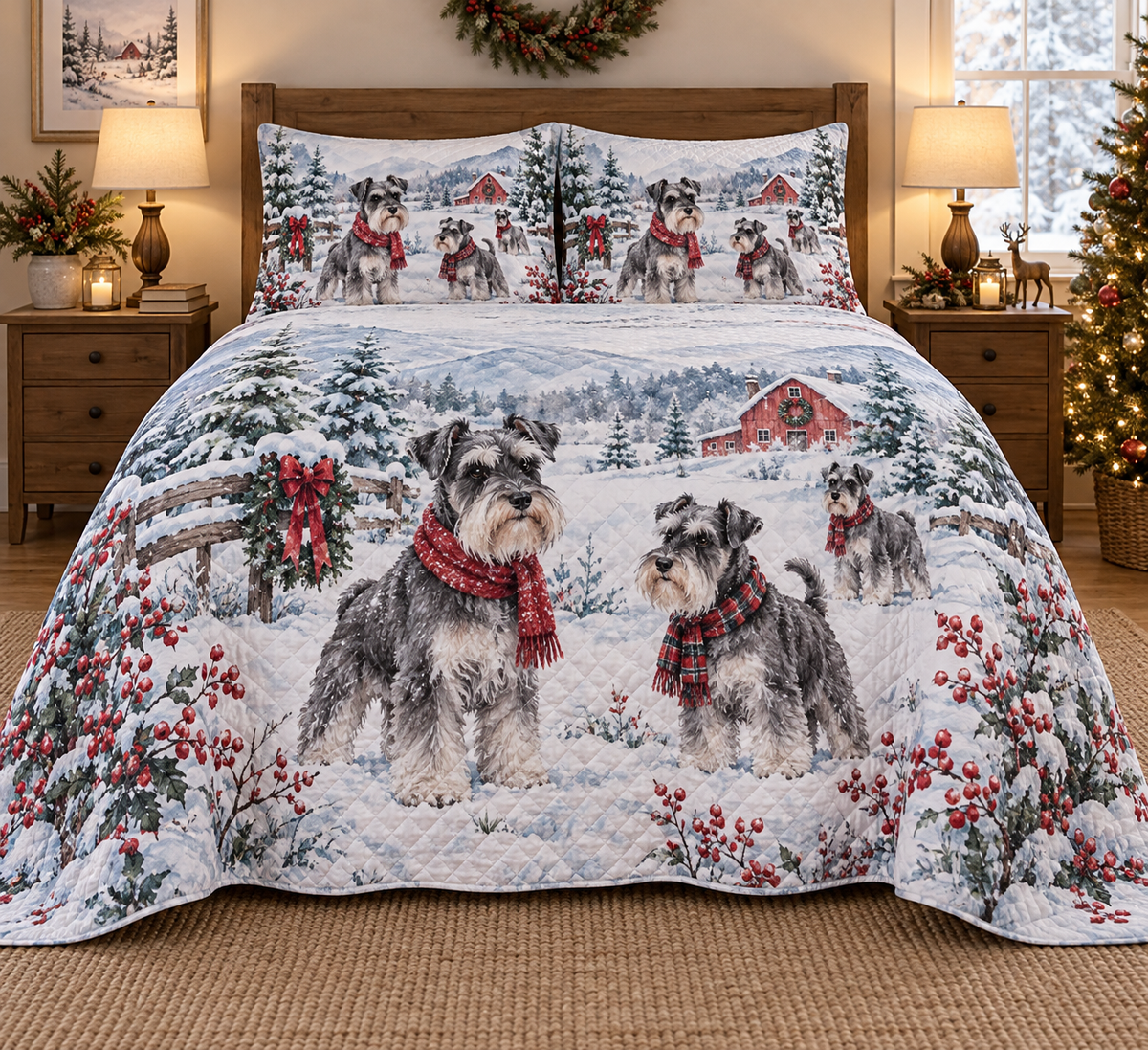 Schnauzer Snowy Watercolor Christmas Quilt Set, front bedroom view