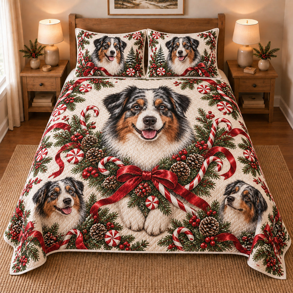 Australian Shepherd Peppermint Ribbons Christmas Quilt Set