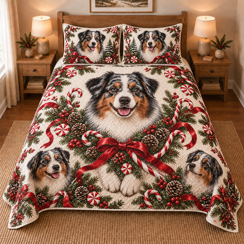 Australian Shepherd Peppermint Ribbons Christmas Quilt Set, front bedroom view