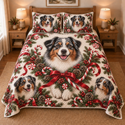 Australian Shepherd Peppermint Ribbons Christmas Quilt Set, front bedroom view