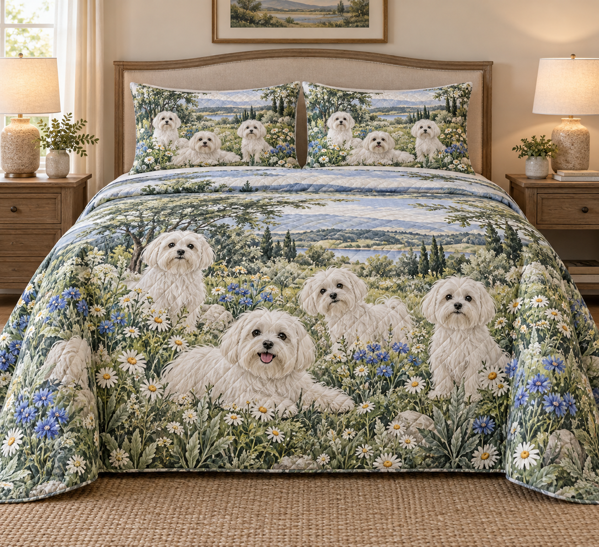 Maltese Wildflower Meadow Quilt Set, front bedroom view