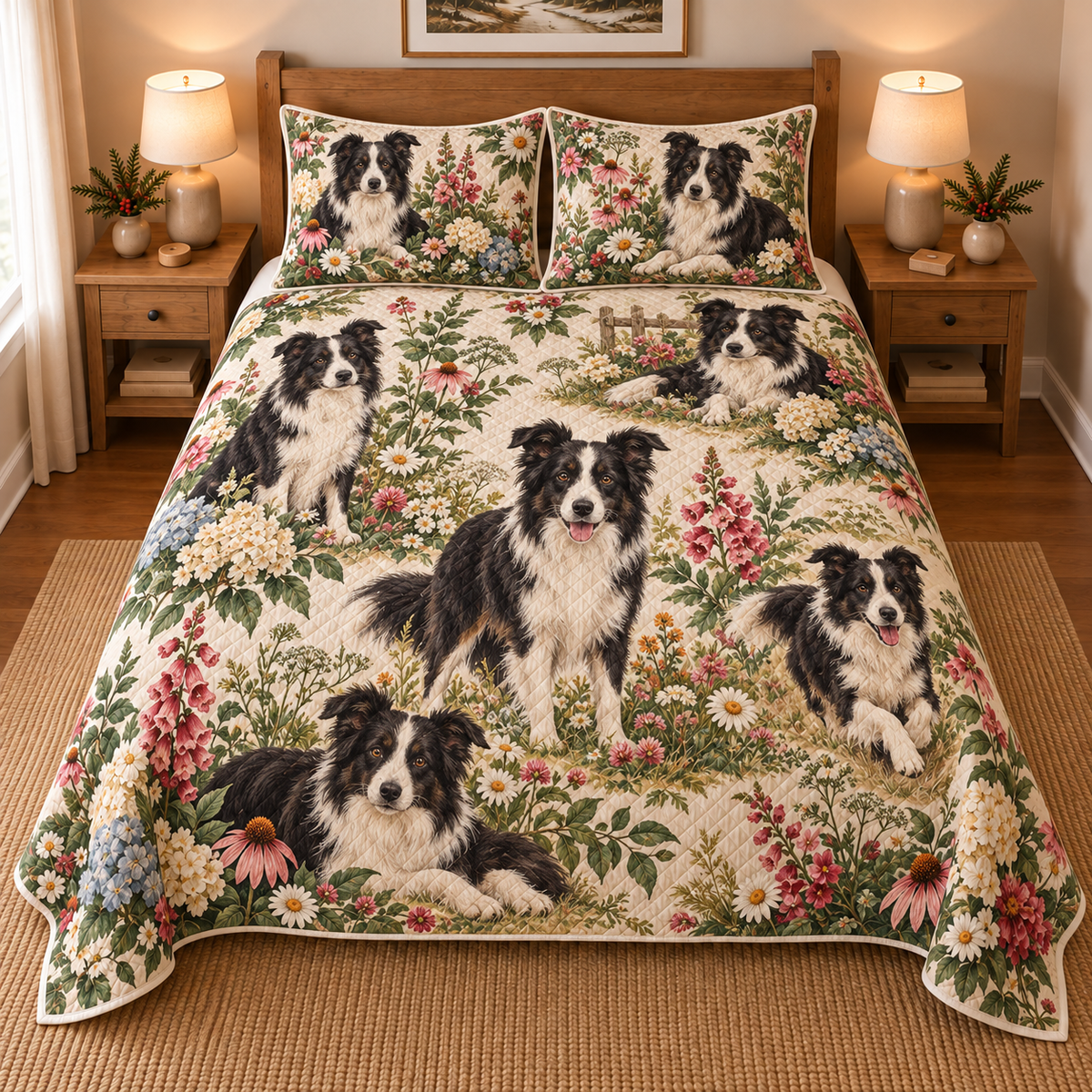 Border Collie Cottage Floral Quilt Set, front bedroom view