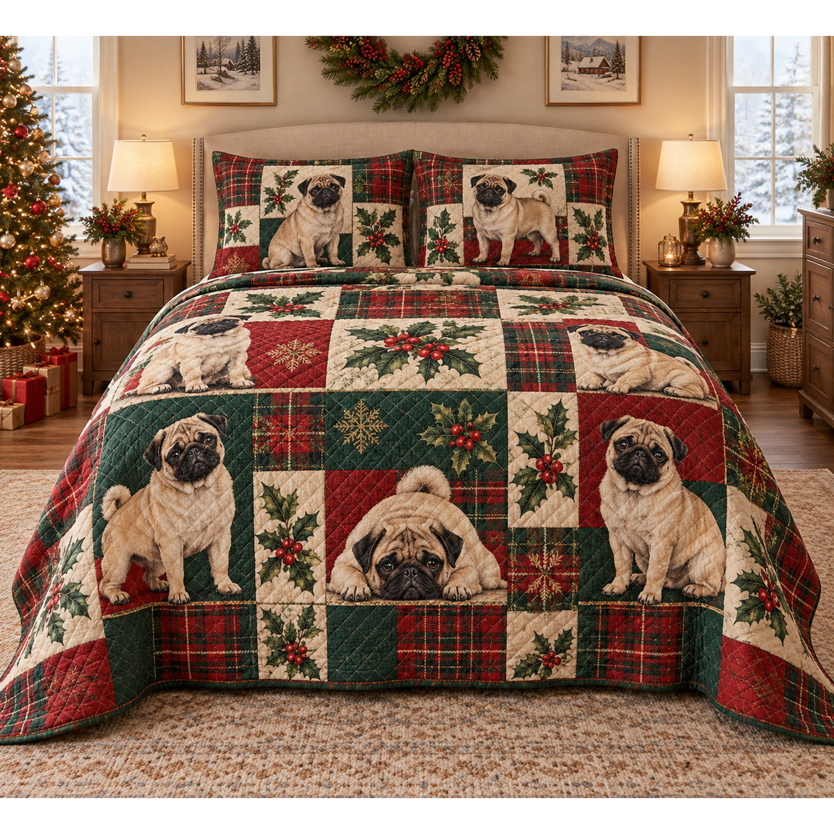 Pug Heritage Tartan Christmas Quilt Set