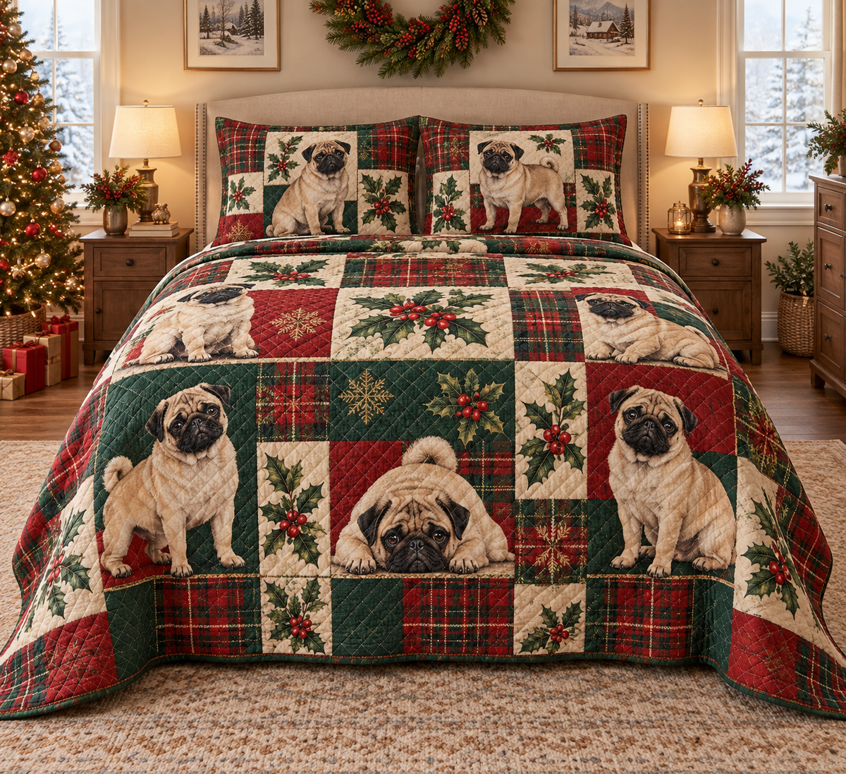 Pug Heritage Tartan Christmas Quilt Set, front bedroom view