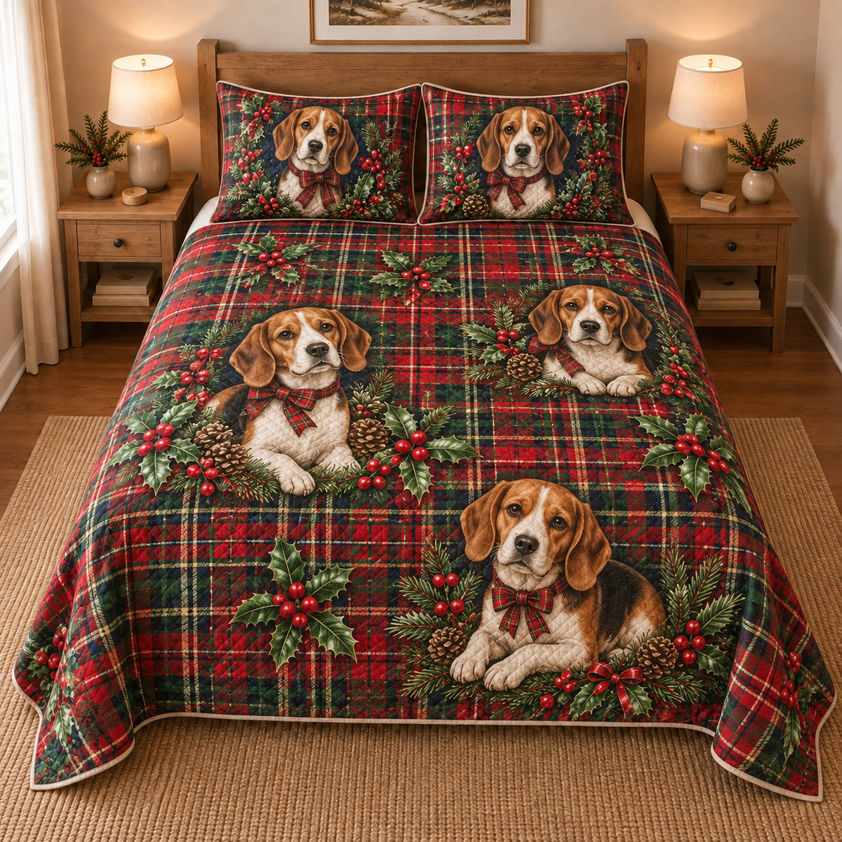 Beagle Heritage Tartan Christmas Quilt Set, front bedroom view