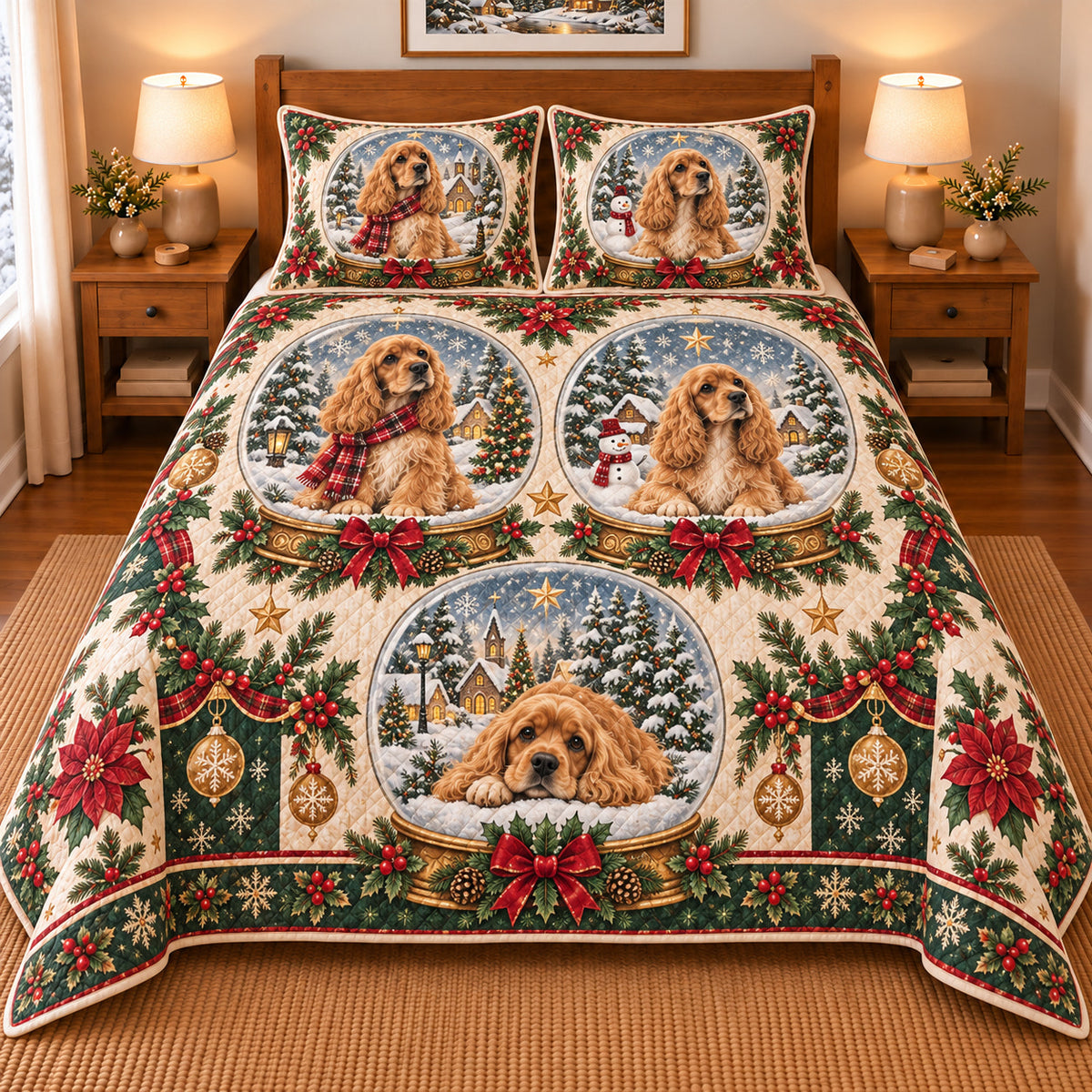 Cocker Spaniel Winter Snow Globes Christmas Quilt Set