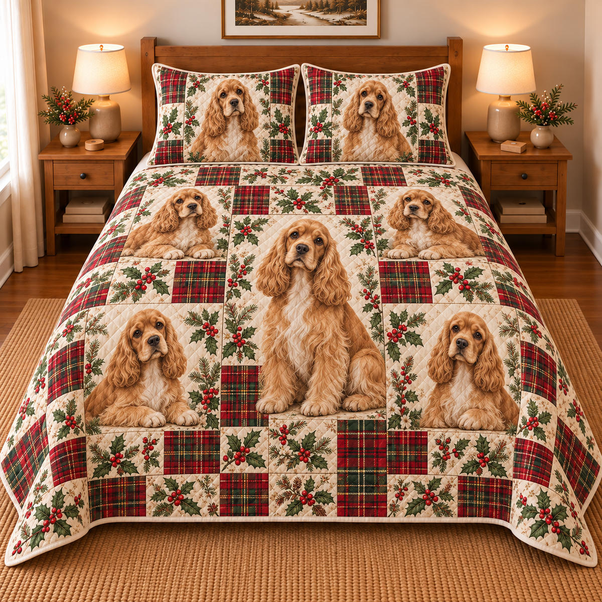 Cocker Spaniel Heritage Tartan Christmas Quilt Set, front bedroom view