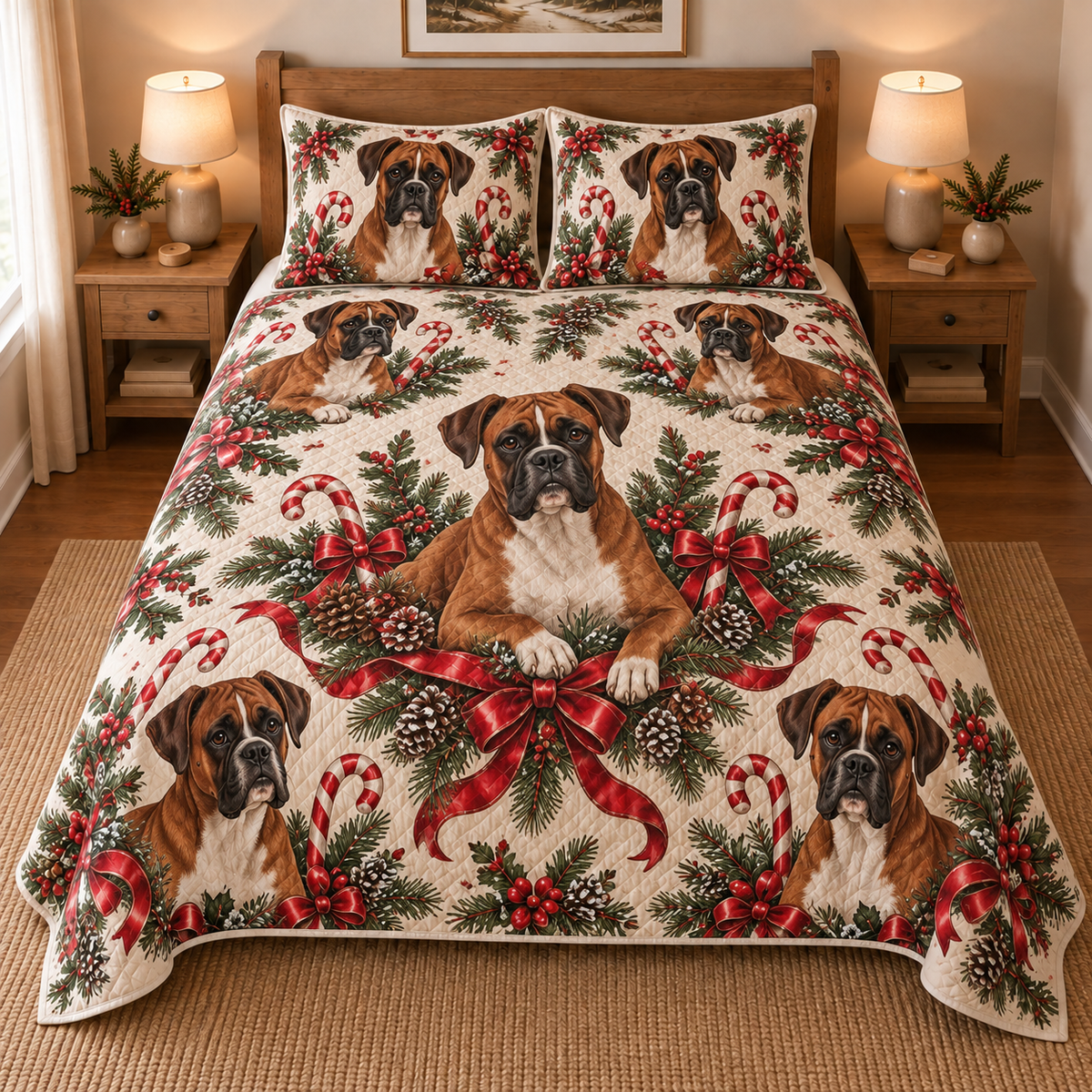 Boxer Peppermint Ribbons Christmas Quilt Set, front bedroom view