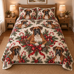 Boxer Peppermint Ribbons Christmas Quilt Set