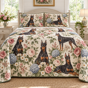 Doberman Pinscher Cottage Floral Quilt Set, front bedroom view