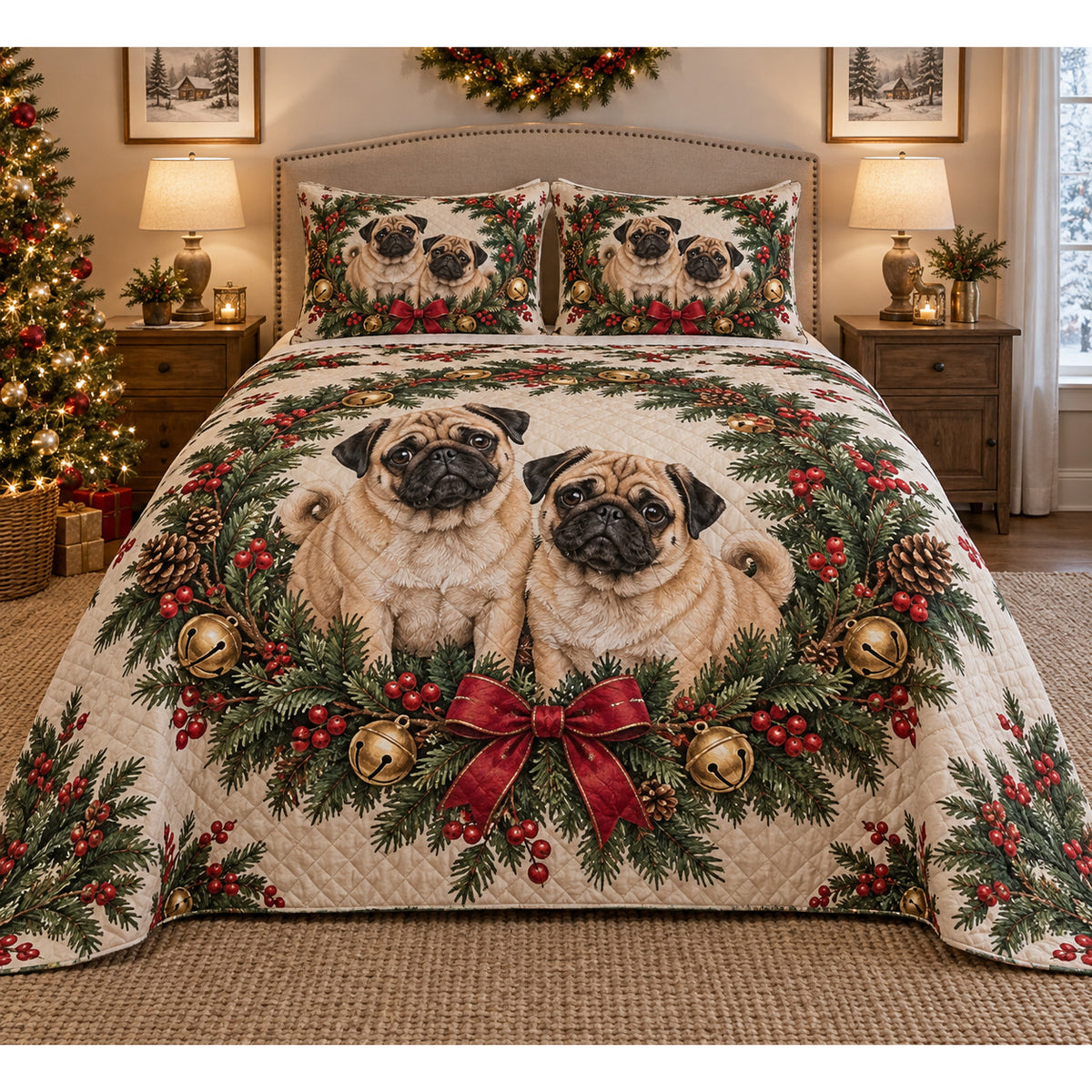 Pug Christmas Wreath Quilt Set