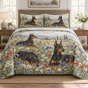 Doberman Pinscher Wildflower Meadow Quilt Set, front bedroom view