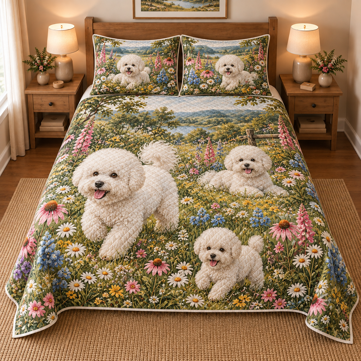 Bichon Frise Wildflower Meadow Quilt Set, front bedroom view