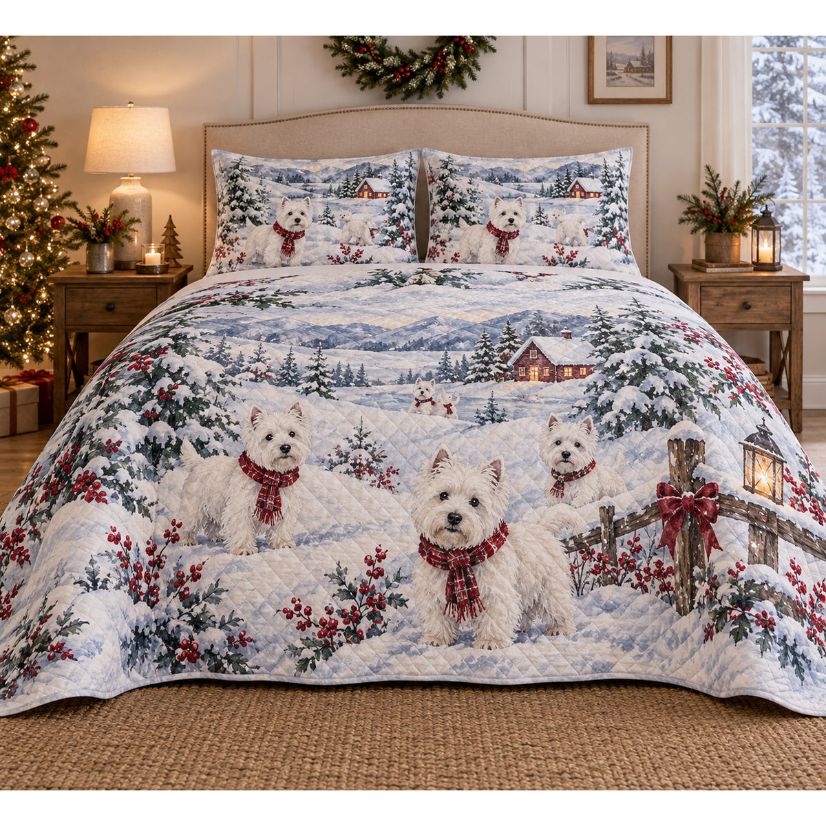 West Highland White Terrier Snowy Watercolor Christmas Quilt Set