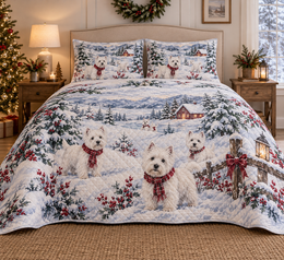West Highland White Terrier Snowy Watercolor Christmas Quilt Set