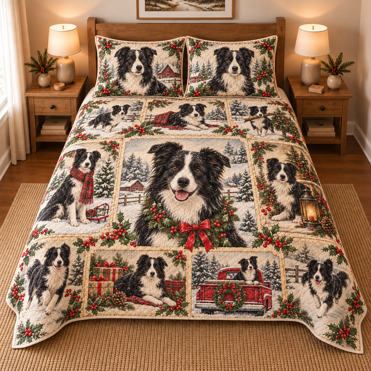 Border Collie Vintage Christmas Postcards Quilt Set, front bedroom view