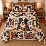 Border Collie Vintage Christmas Postcards Quilt Set, front bedroom view
