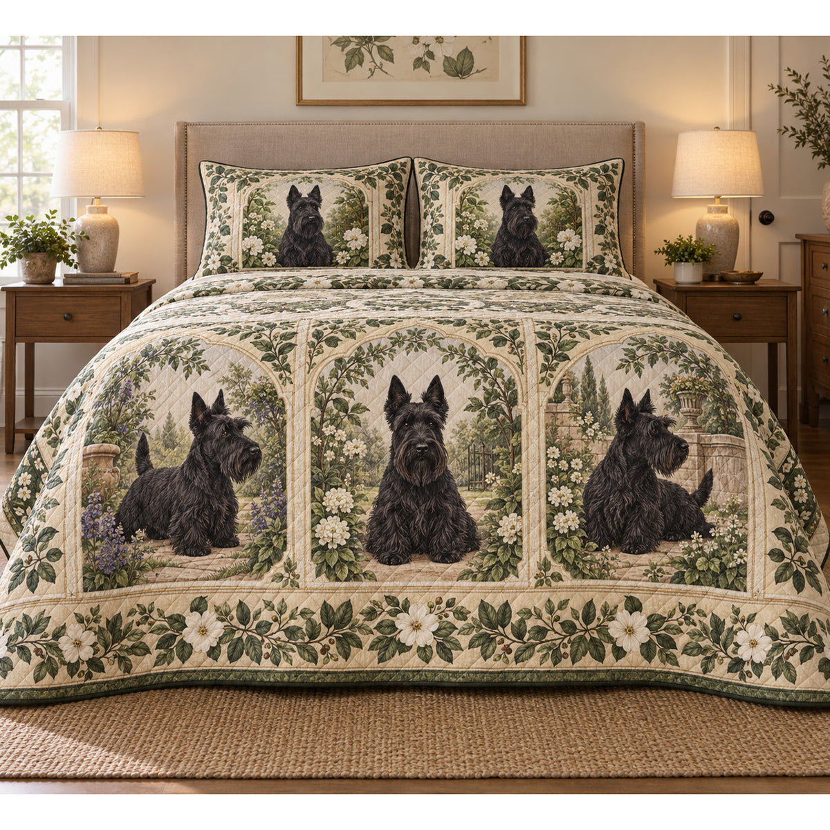 Scottish Terrier Garden Cameos Quilt Set