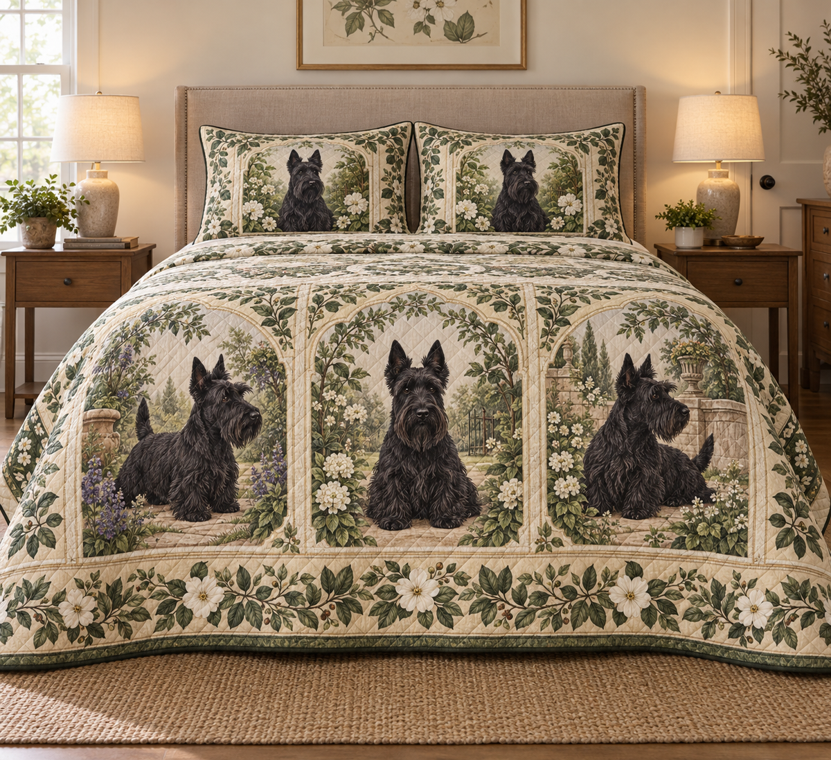 Scottish Terrier Garden Cameos Quilt Set, front bedroom view