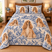 Cocker Spaniel Blue Country Toile Quilt Set, front bedroom view