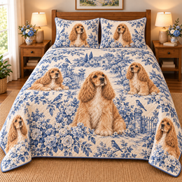 Cocker Spaniel Blue Country Toile Quilt Set