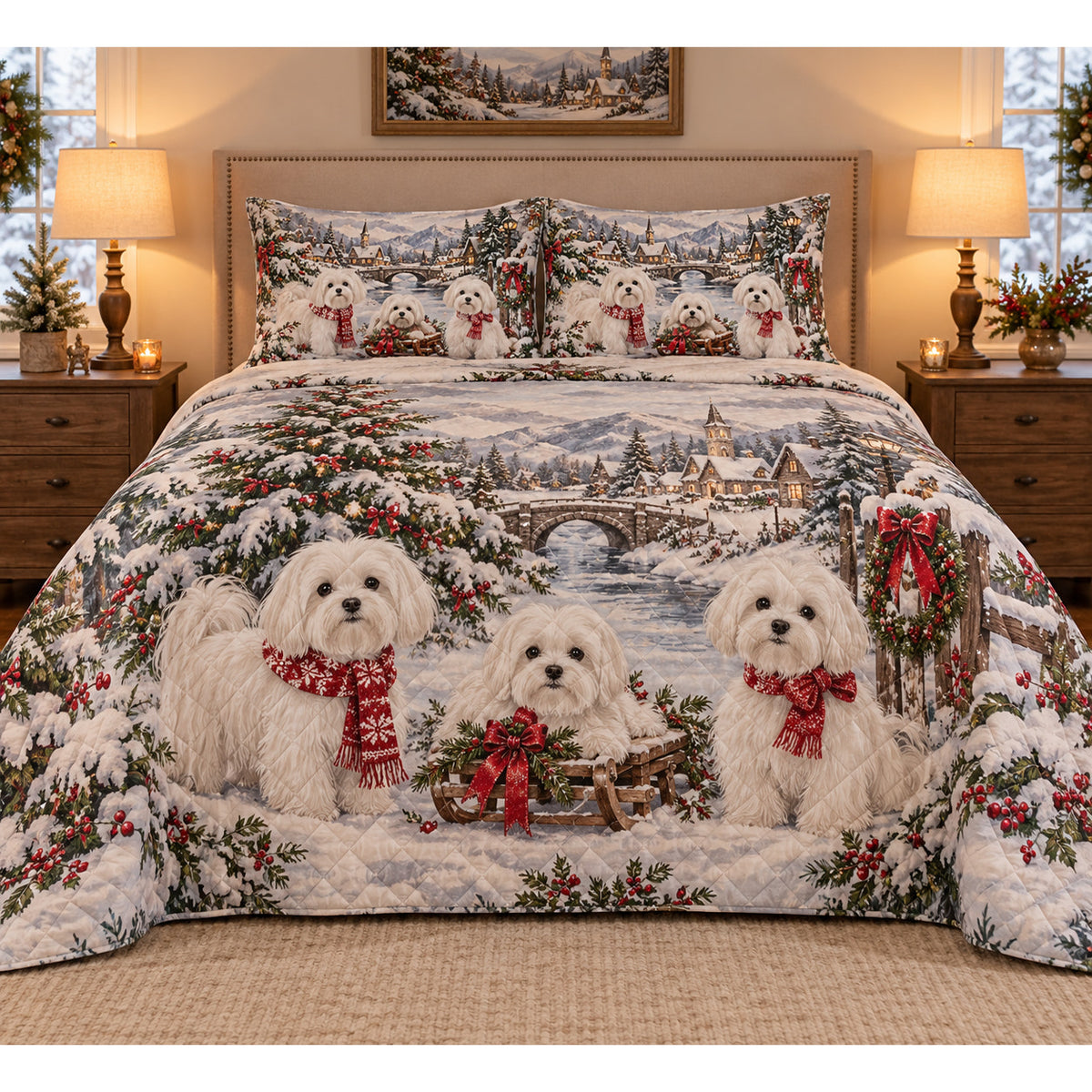 Maltese Vintage Postcards Christmas Quilt Set
