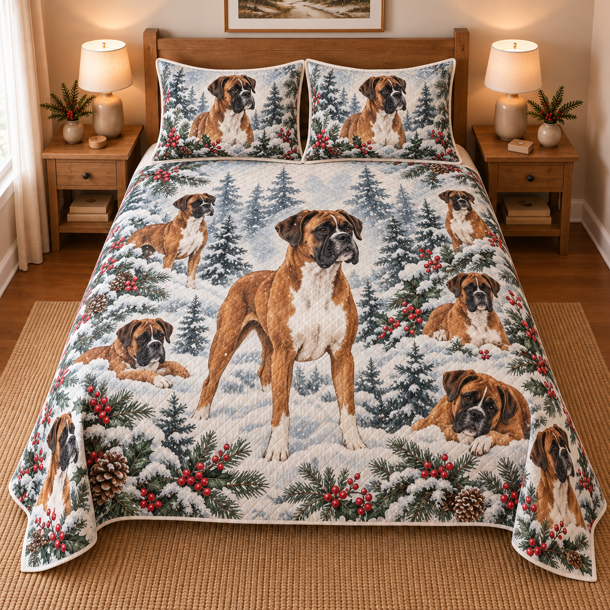 Boxer Snowy Watercolor Christmas Quilt Set, front bedroom view