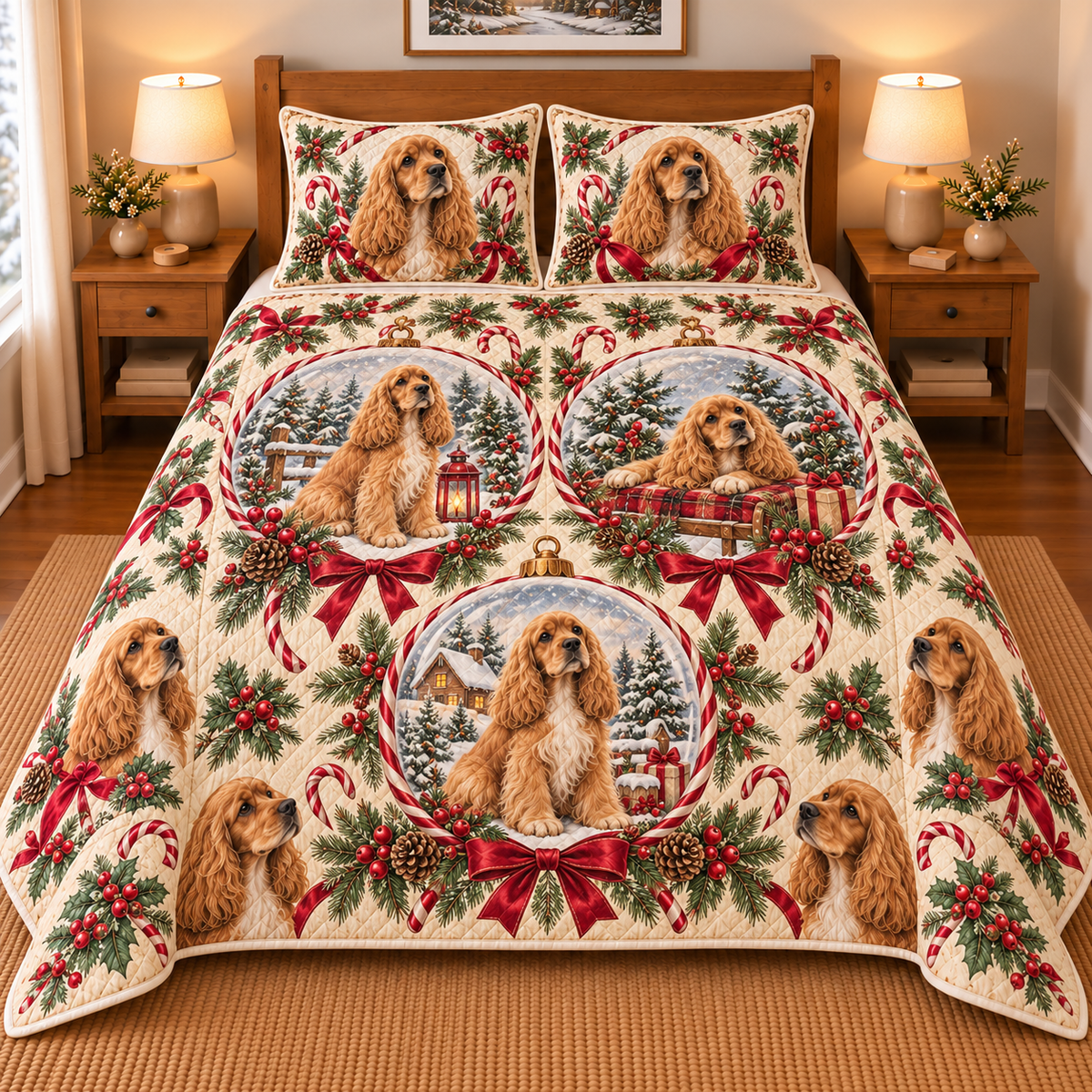 Cocker Spaniel Peppermint Ribbons Christmas Quilt Set, front bedroom view