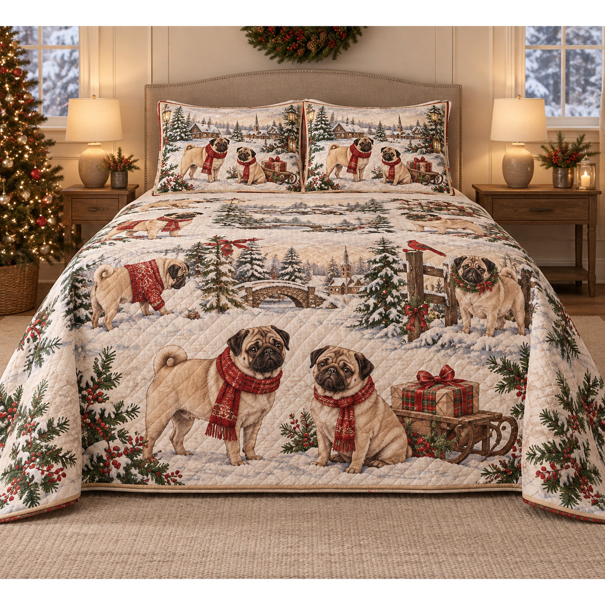 Pug Vintage Postcards Christmas Quilt Set