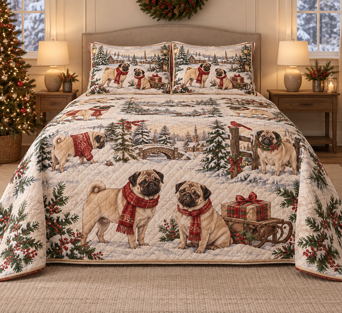 Pug Vintage Postcards Christmas Quilt Set, front bedroom view
