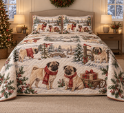 Pug Vintage Postcards Christmas Quilt Set, front bedroom view