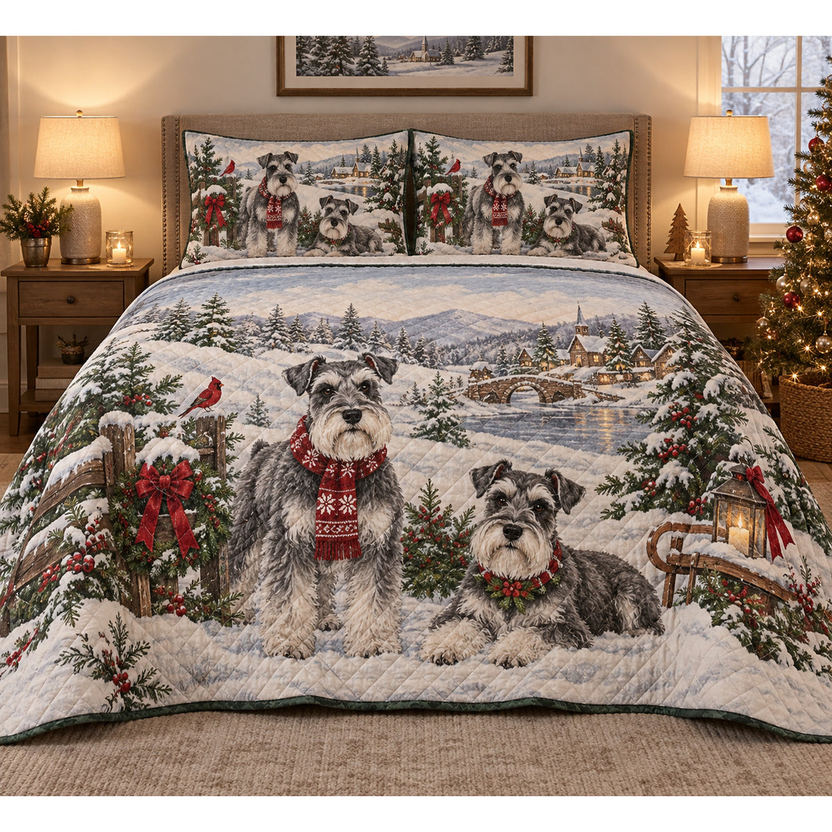 Schnauzer Vintage Postcards Christmas Quilt Set