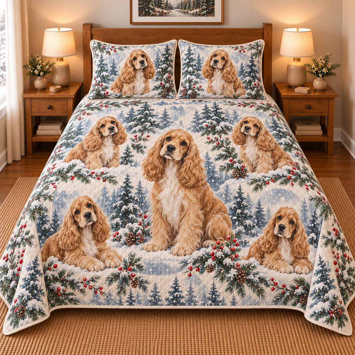 Cocker Spaniel Snowy Watercolor Christmas Quilt Set