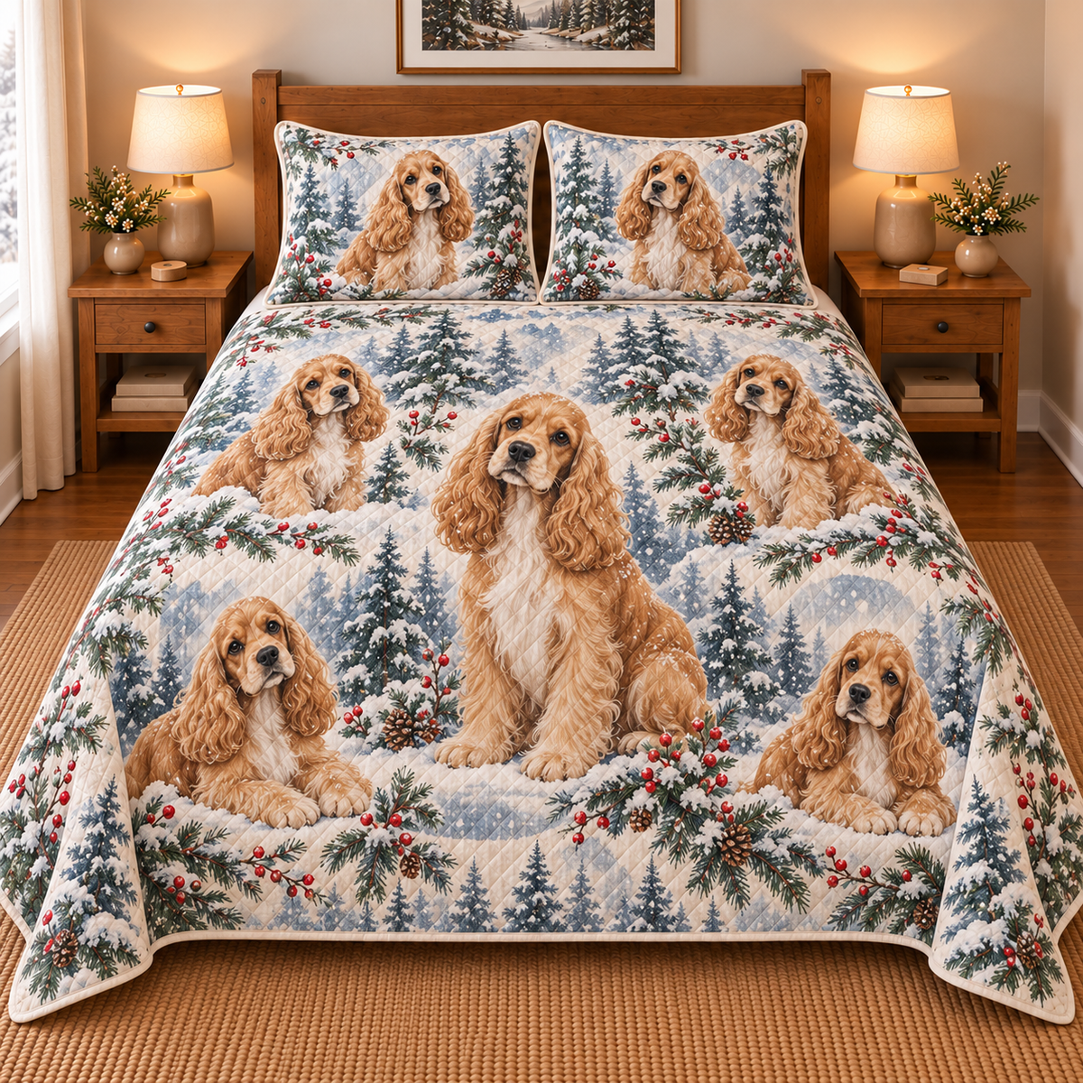 Cocker Spaniel Snowy Watercolor Christmas Quilt Set, front bedroom view