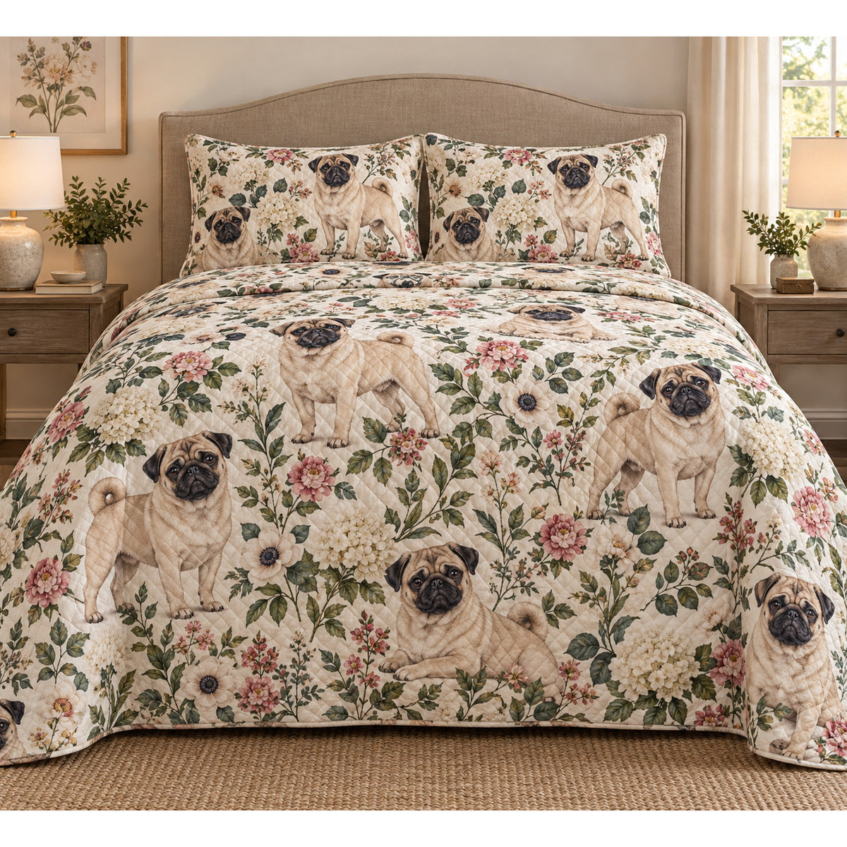 Pug Cottage Floral Quilt Set