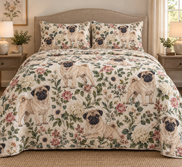 Pug Cottage Floral Quilt Set