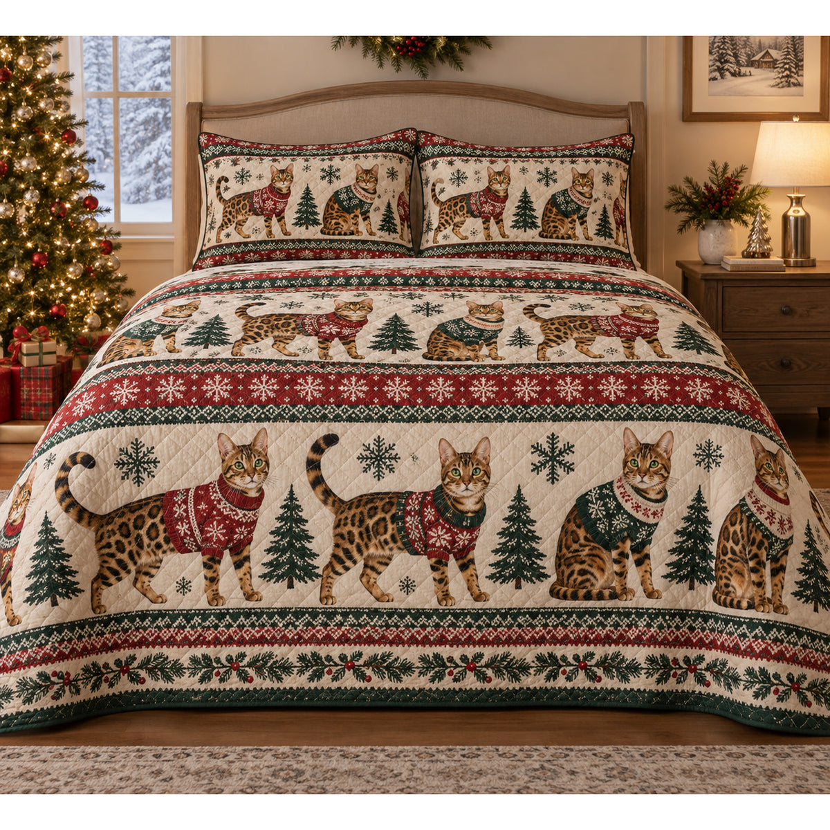 Bengal Cat Cozy Sweater Christmas Quilt Set