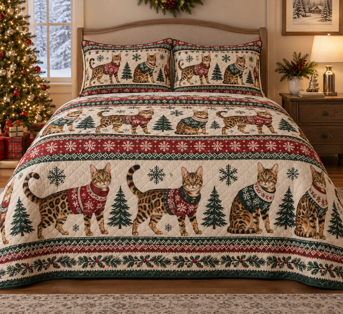 Bengal Cat Cozy Sweater Christmas Quilt Set, front bedroom view