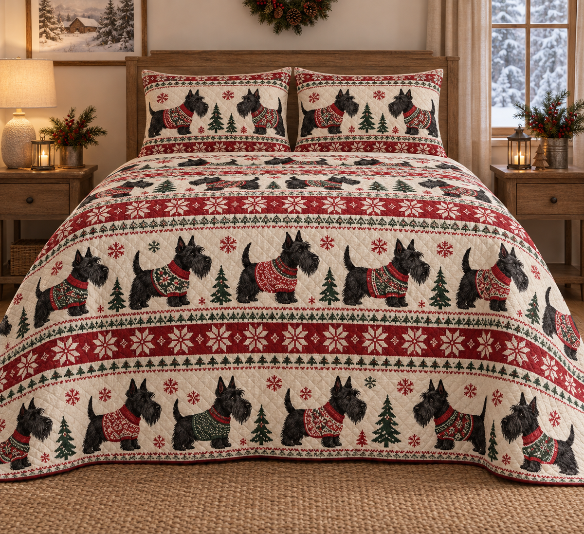 Scottish Terrier Cozy Sweater Christmas Quilt Set, front bedroom view