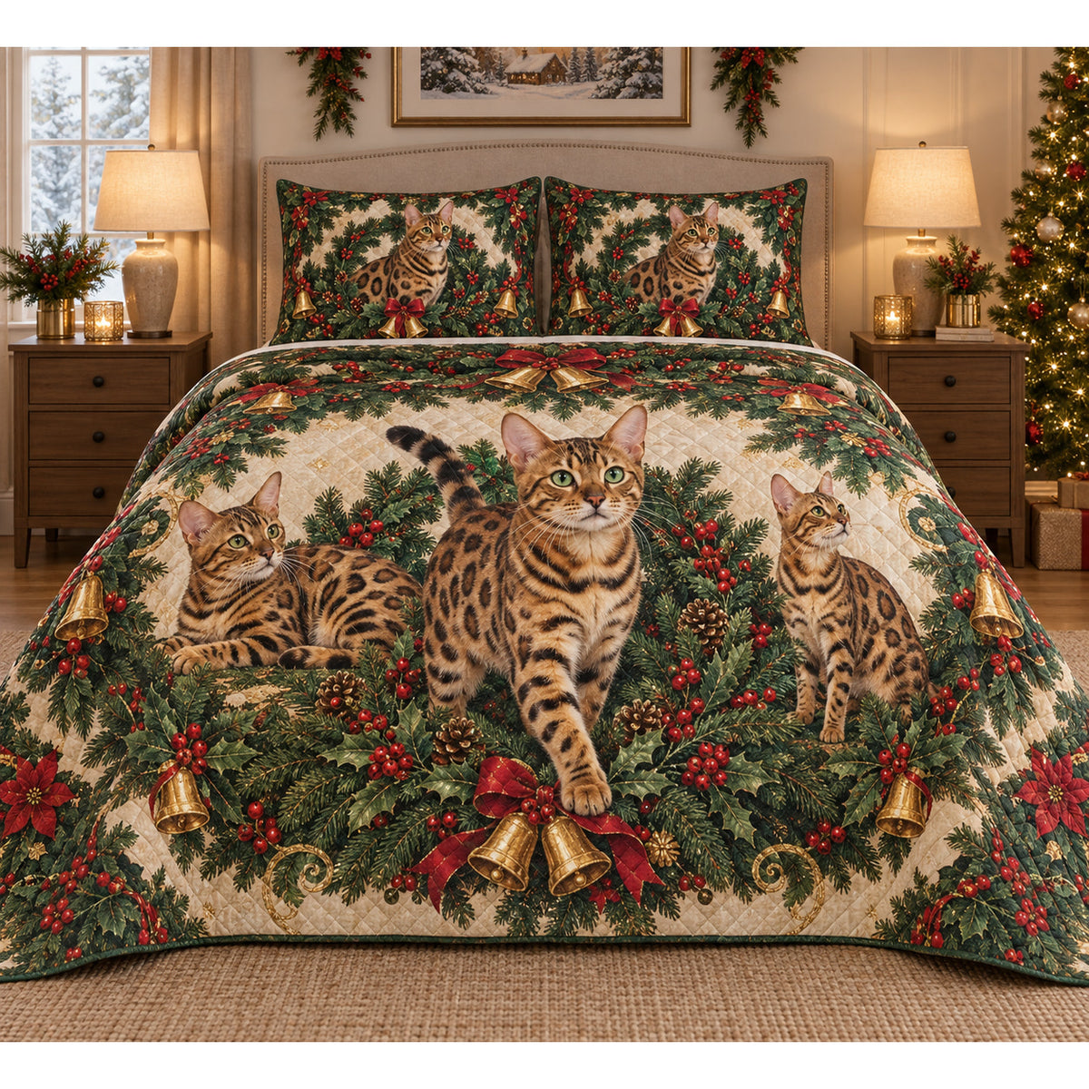 Bengal Cat Christmas Wreath Quilt Set