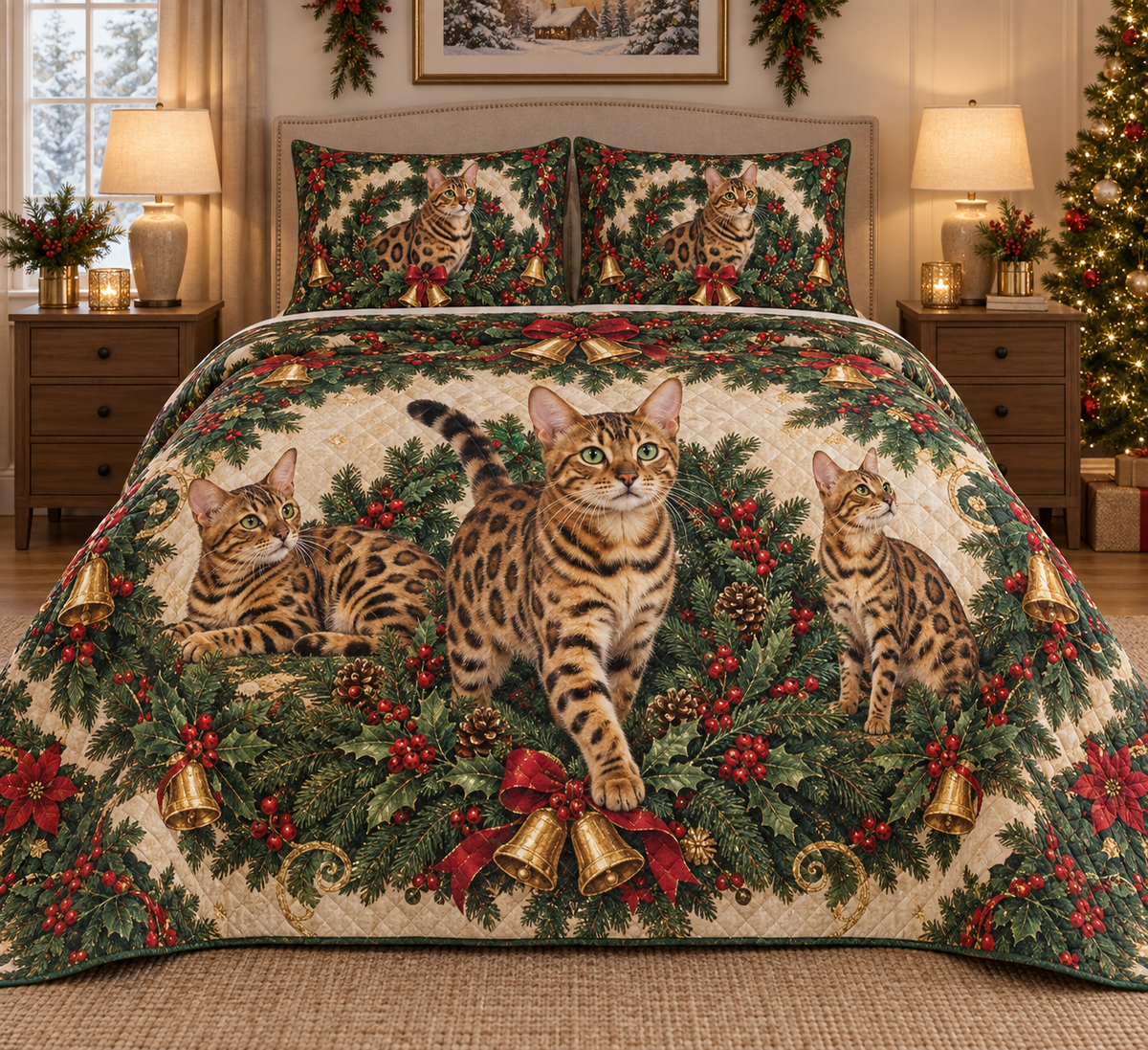 Bengal Cat Christmas Wreath Quilt Set, front bedroom view