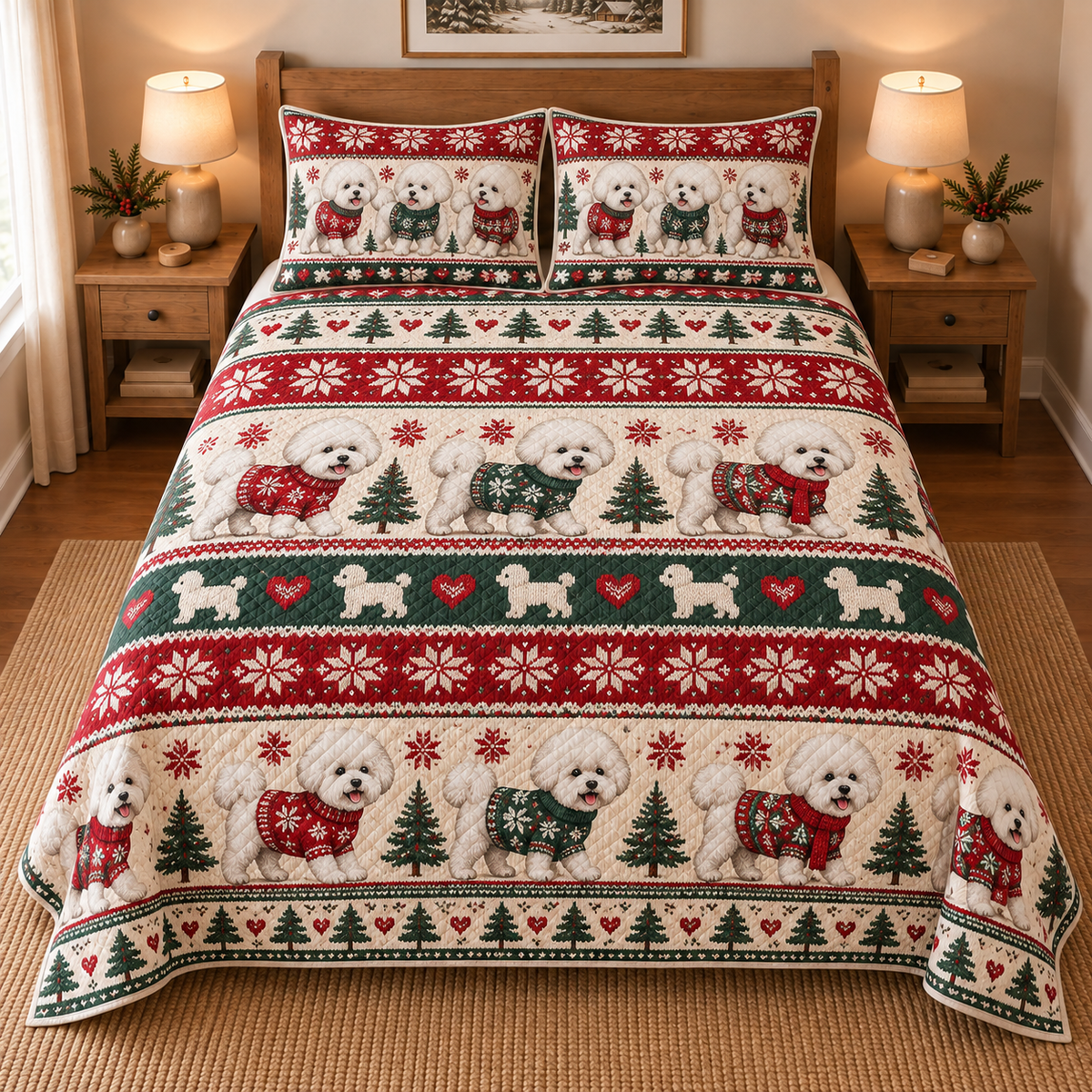 Bichon Frise Cozy Christmas Sweater Quilt Set, front bedroom view