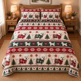 Bichon Frise Cozy Christmas Sweater Quilt Set