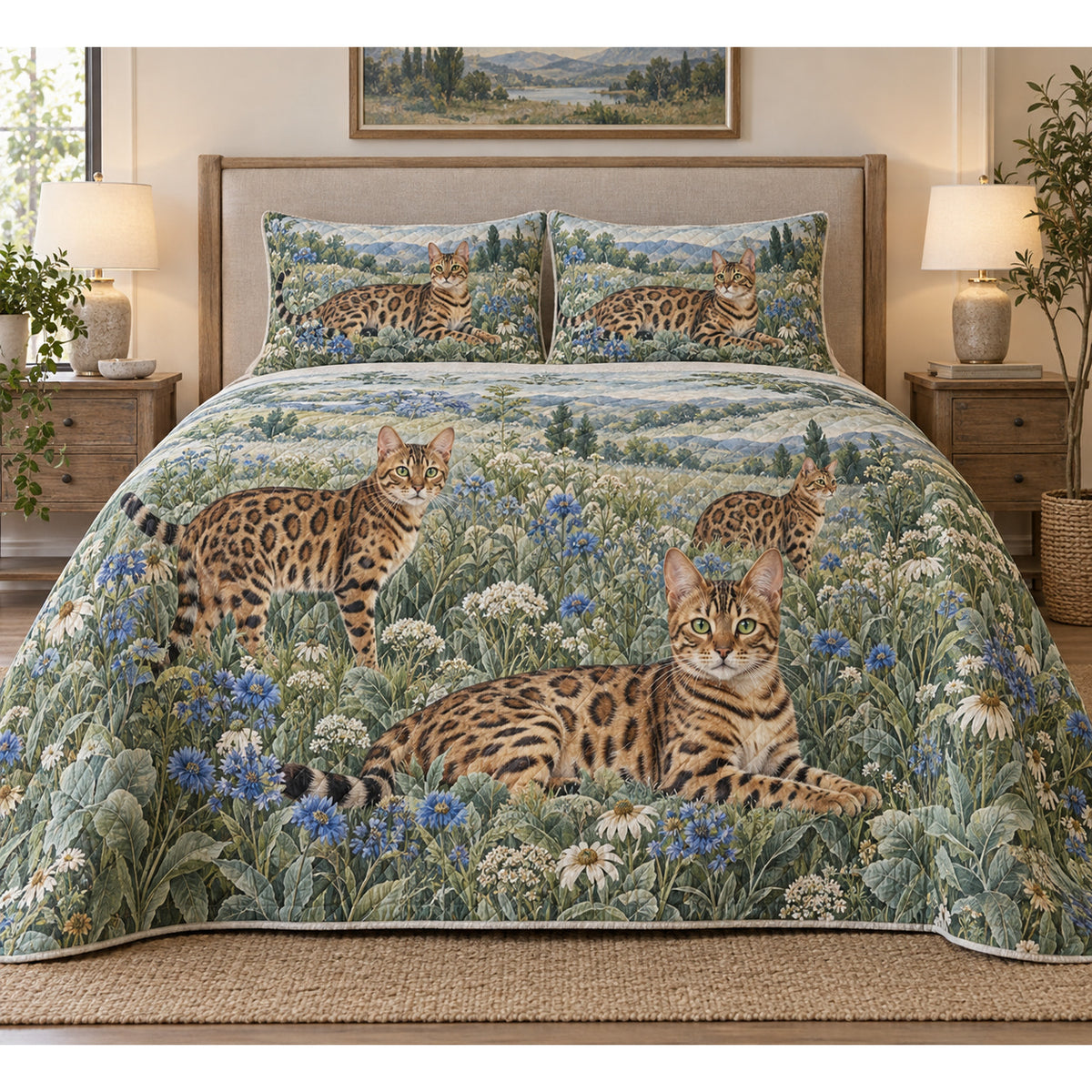Bengal Cat Wildflower Meadow Quilt Set
