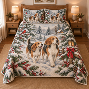 Beagle Snowy Watercolor Christmas Quilt Set, front bedroom view