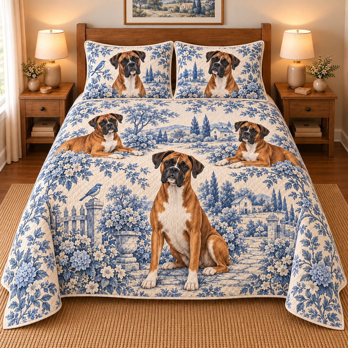 Boxer Blue Country Toile Quilt Set