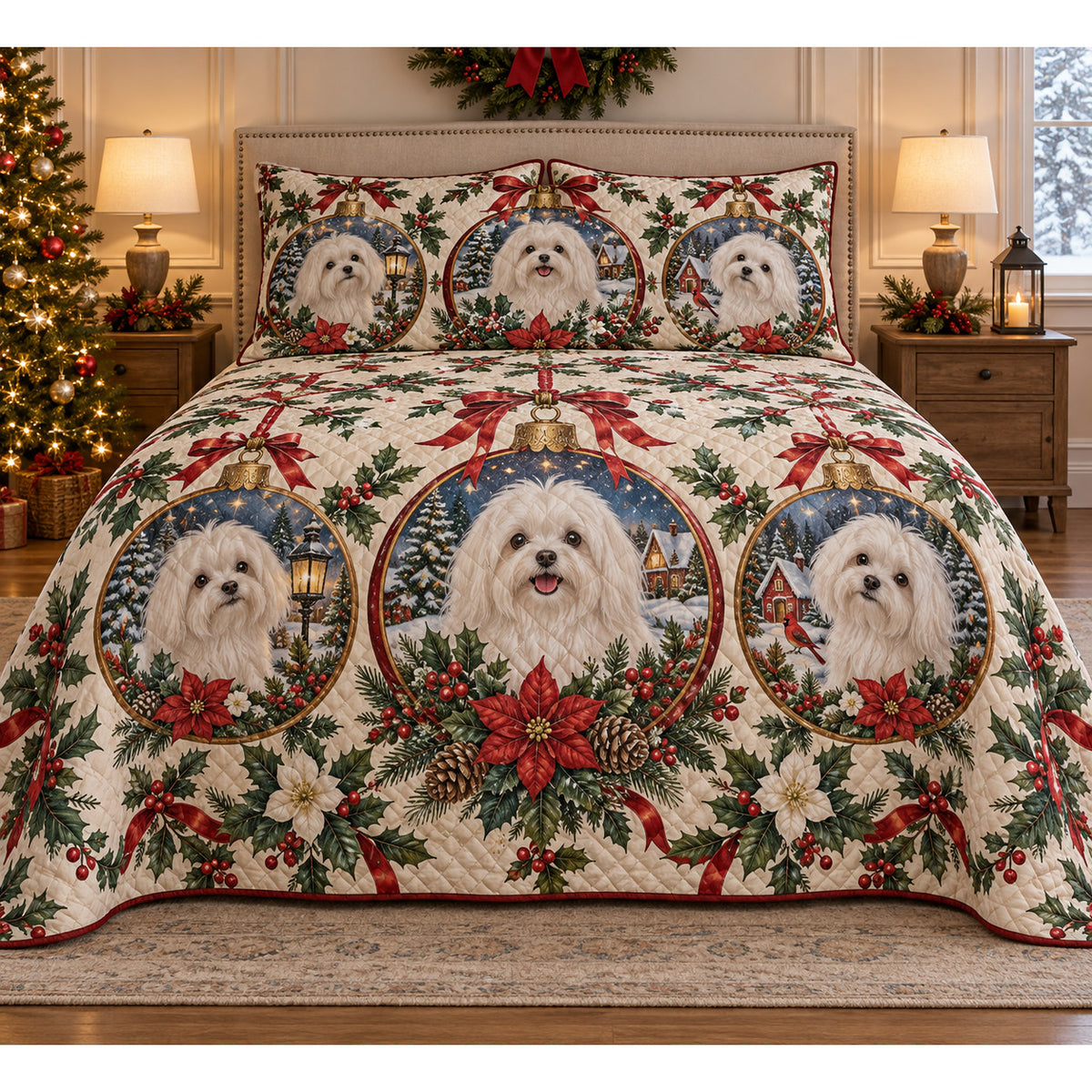 Maltese Ornament Medallions Christmas Quilt Set