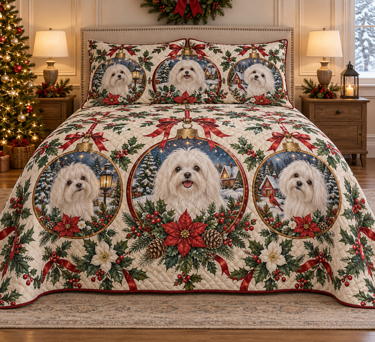 Maltese Ornament Medallions Christmas Quilt Set, front bedroom view