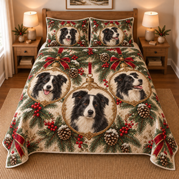 Border Collie Ornament Medallions Christmas Quilt Set