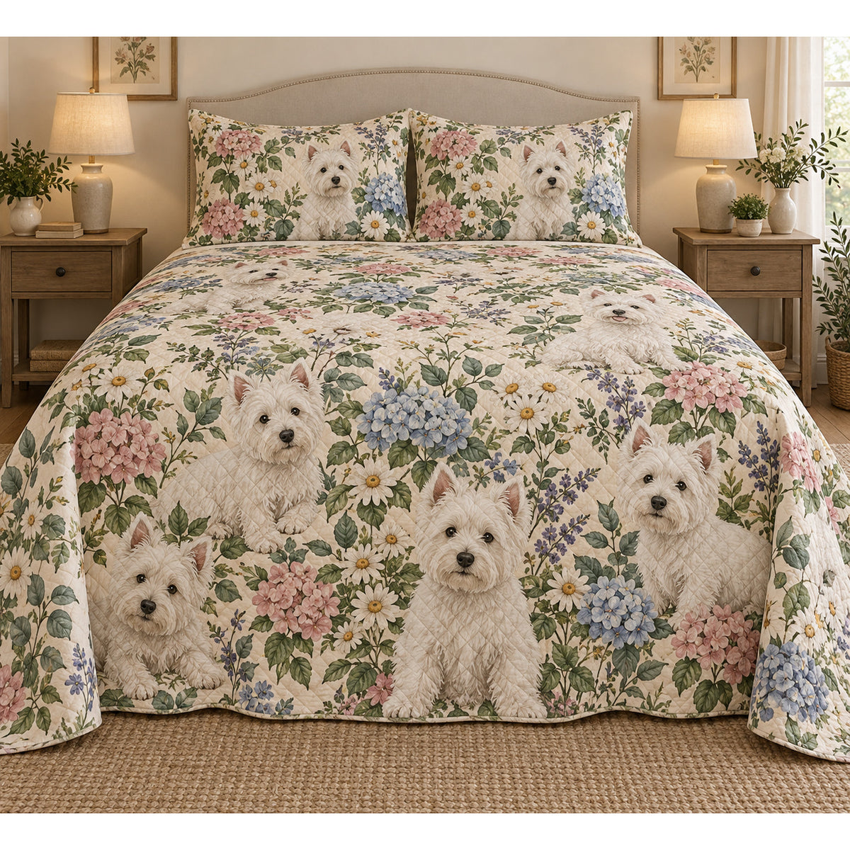 West Highland White Terrier Cottage Floral Quilt Set